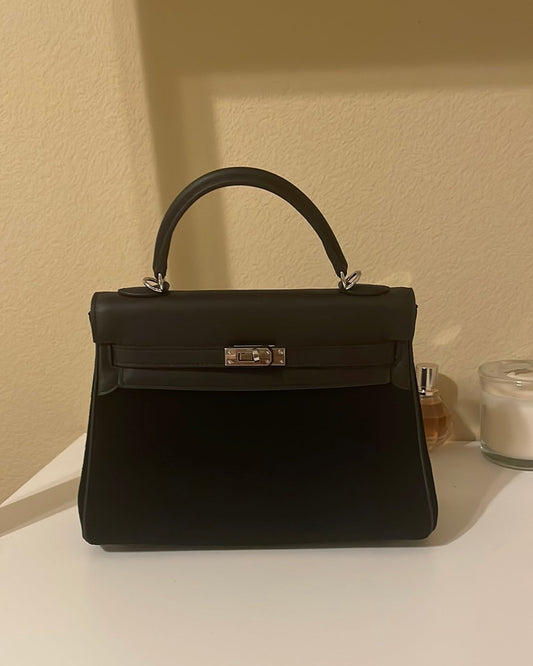 Top Handle Belted KL Satchel 25cm Black Suede