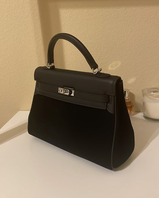 Top Handle Belted KL Satchel 25cm Black Suede