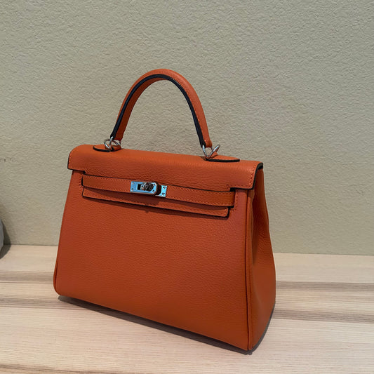Leather Inside Out | Top Handle Belted Satchel 25cm Orange