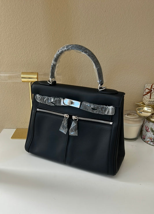 Top Handle Double Front Pocket Leather Satchel 28cm Black