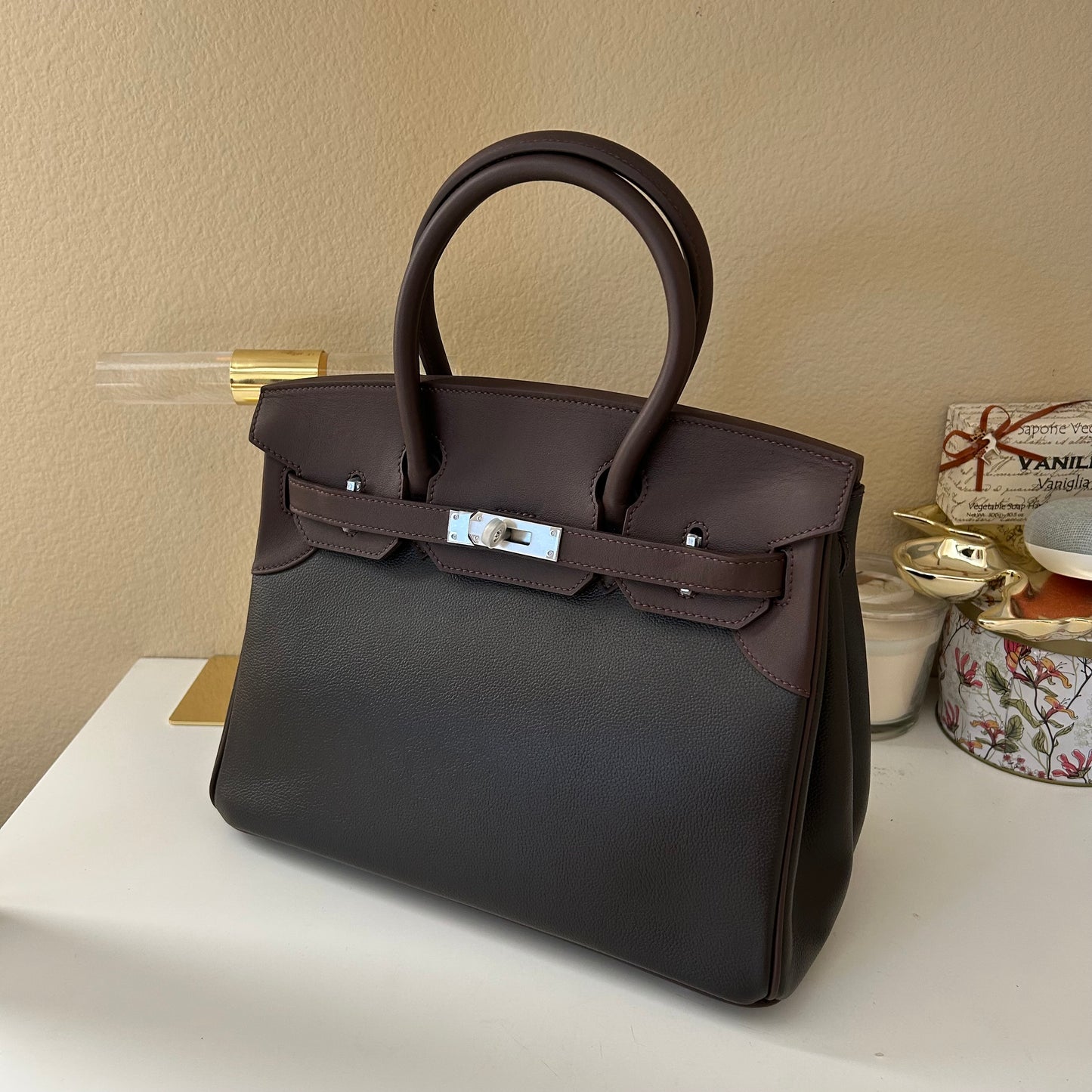 Round Top Handle Color Combo Leather Satchel 30cm Ebene