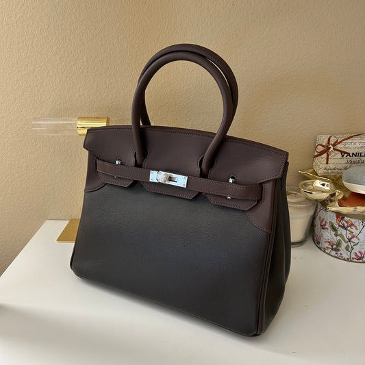 Round Top Handle Color Combo Leather Satchel 30cm Ebene