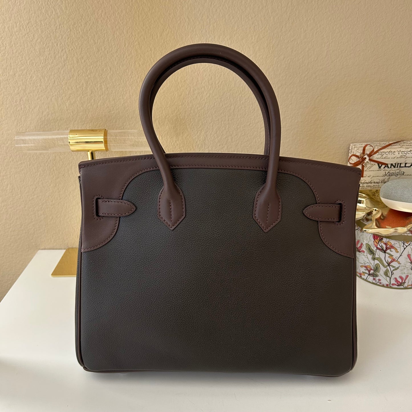 Round Top Handle Color Combo Leather Satchel 30cm Ebene