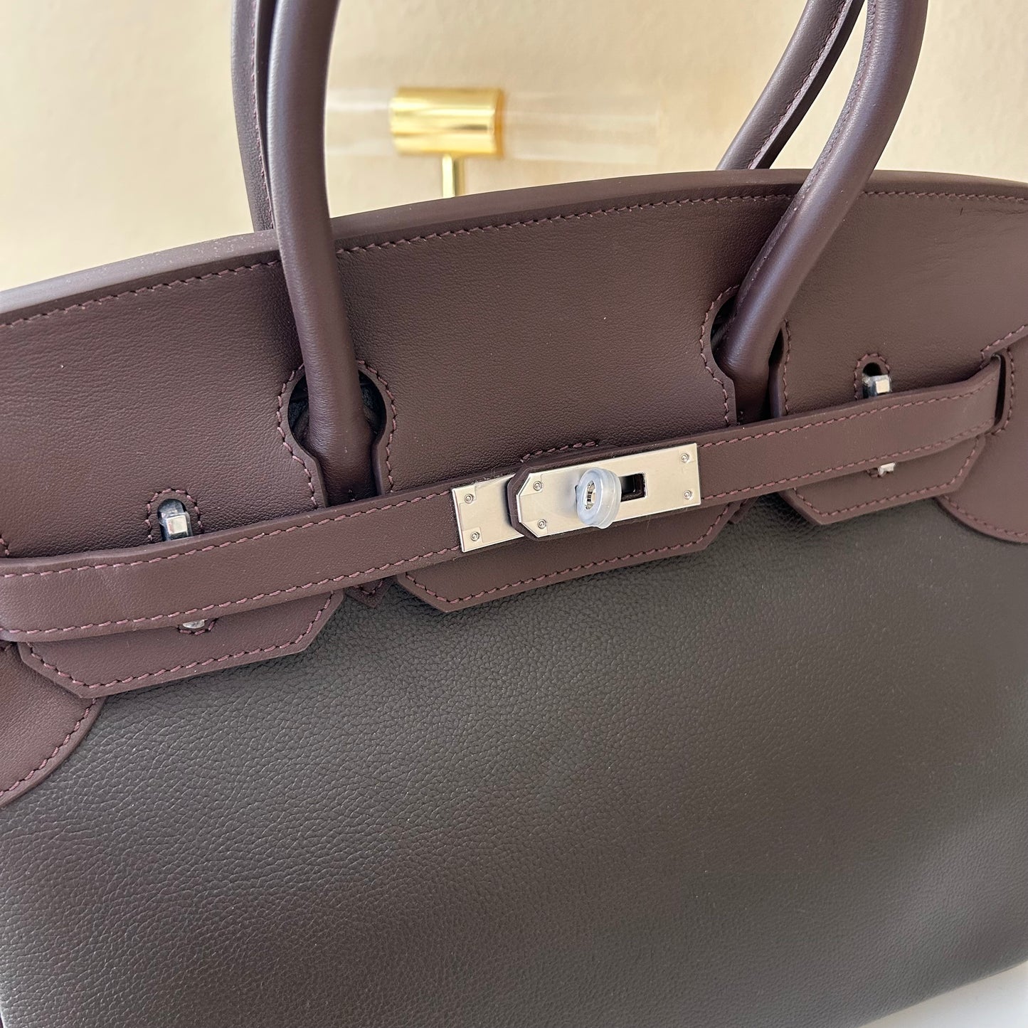 Round Top Handle Color Combo Leather Satchel 30cm Ebene