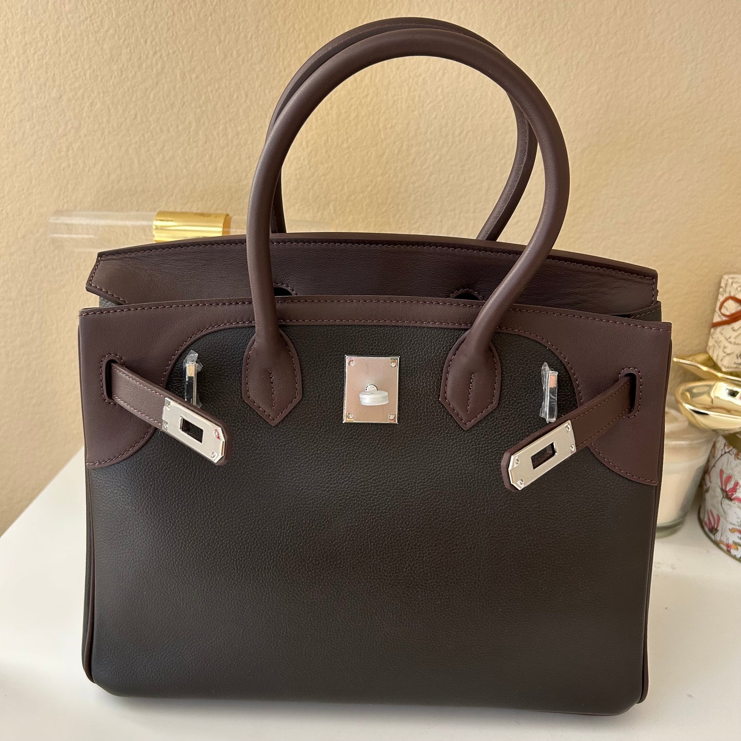 Round Top Handle Color Combo Leather Satchel 30cm Ebene