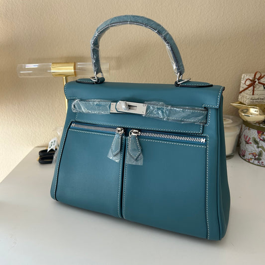 Top Handle Double Front Pocket Leather Satchel 28cm Etaupe