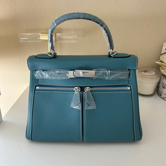 Top Handle Double Front Pocket Leather Satchel 28cm Etaupe