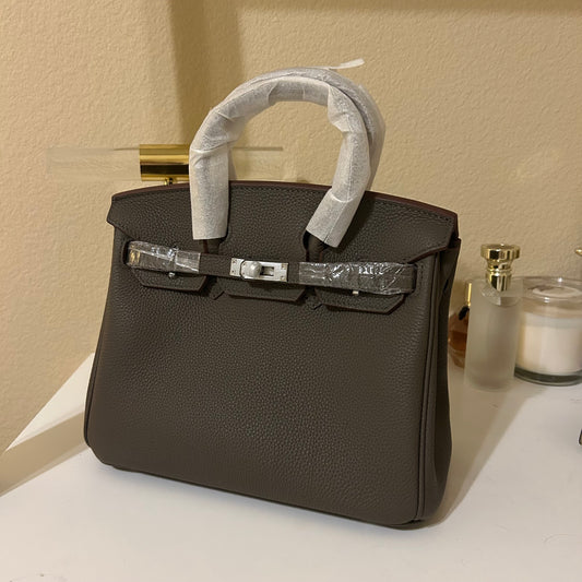 Round Top Handle Leather Satchel 25cm Etain