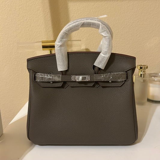 Round Top Handle Leather Satchel 25cm Etain