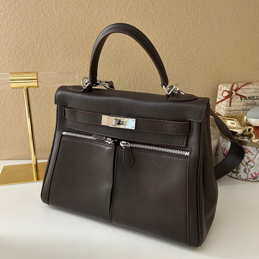 Top Handle Double Front Pocket Leather Satchel 28cm Ebene