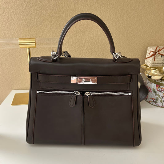 Top Handle Double Front Pocket Leather Satchel 28cm Ebene