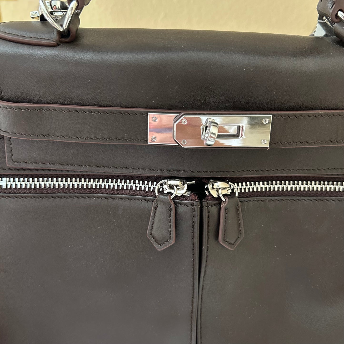 Top Handle Double Front Pocket Leather Satchel 28cm Ebene