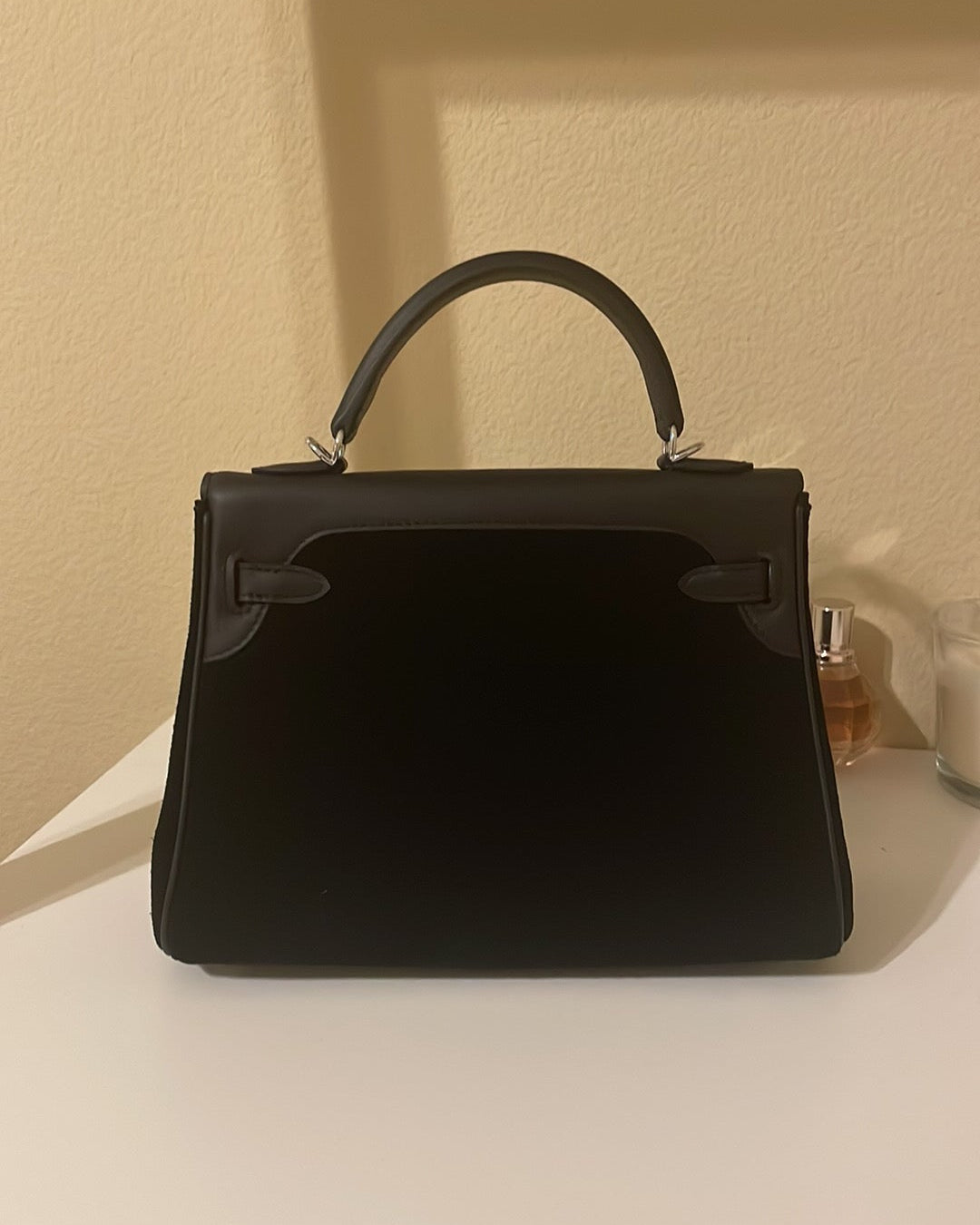 Top Handle Belted KL Satchel 25cm Black Suede