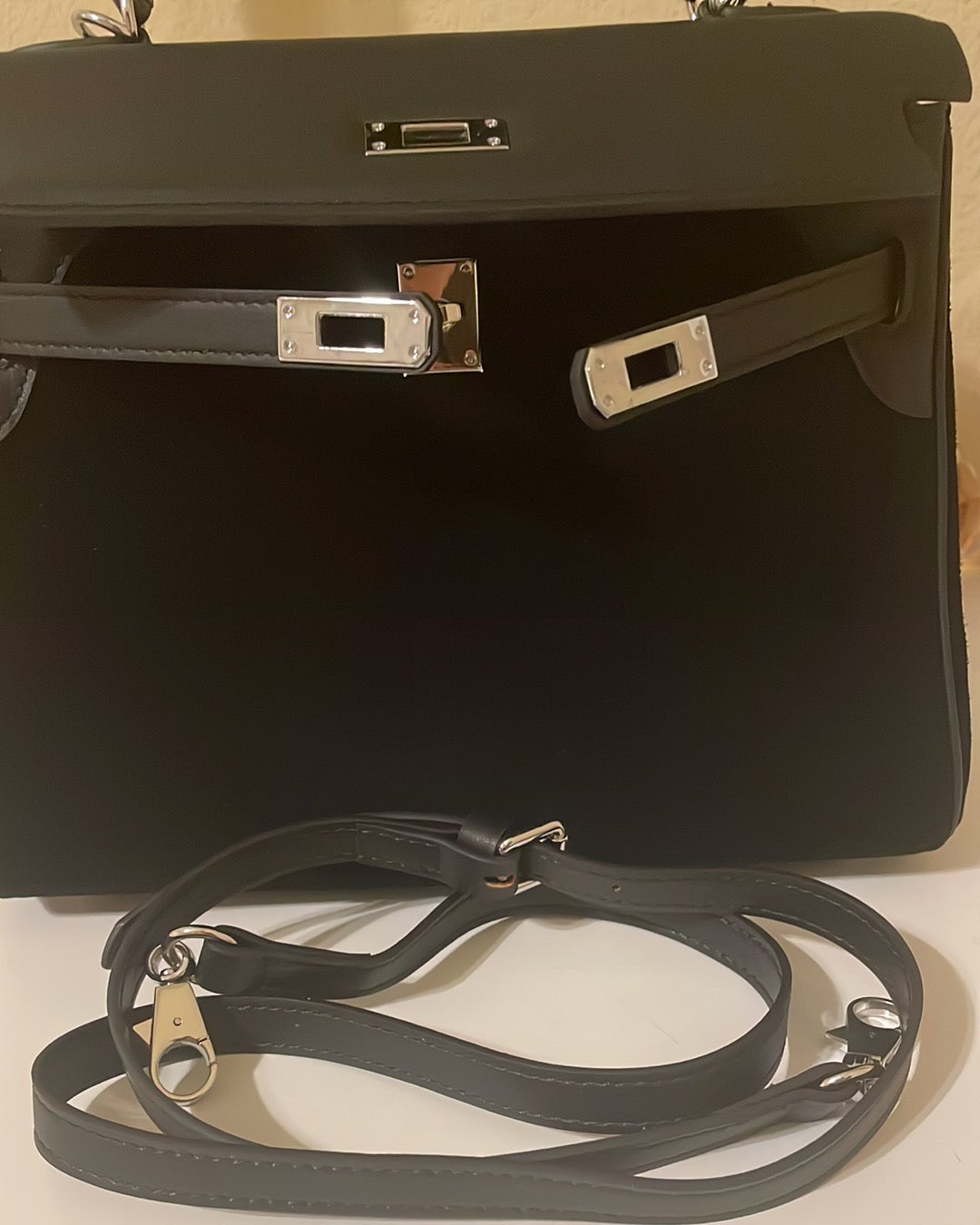 Top Handle Belted KL Satchel 25cm Black Suede