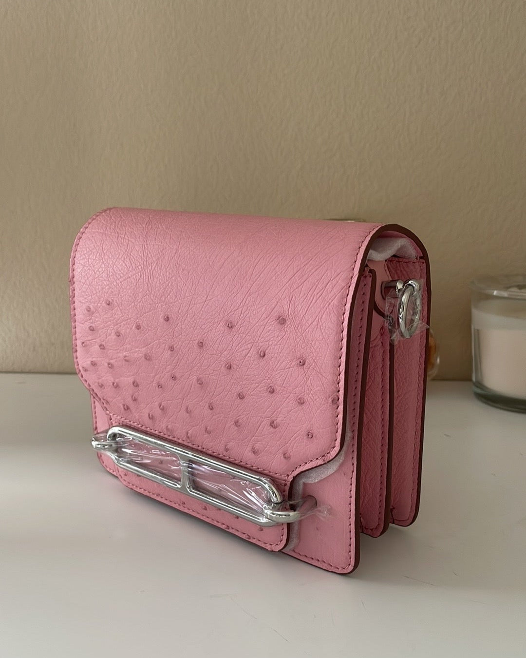 RARE Ostrich Leather Crossbody Box Bag Pink