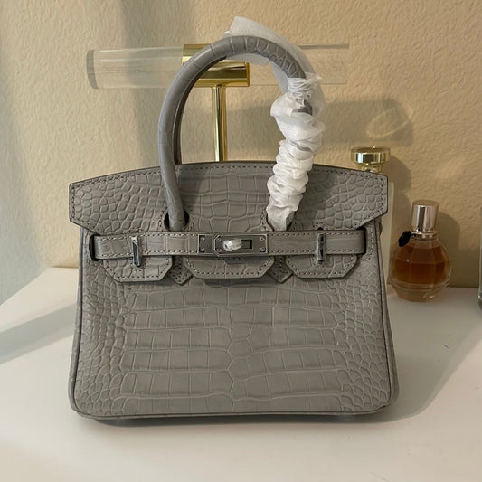 Round Top Handle Crocodile-Embossed Satchel 20cm