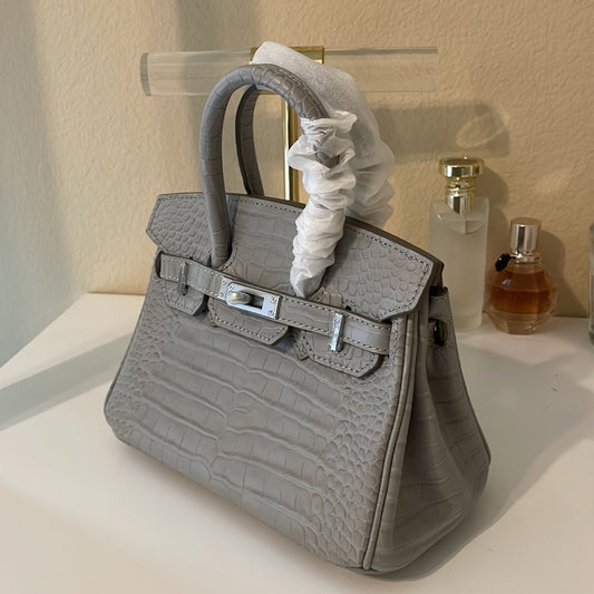 Round Top Handle Crocodile-Embossed Satchel 20cm