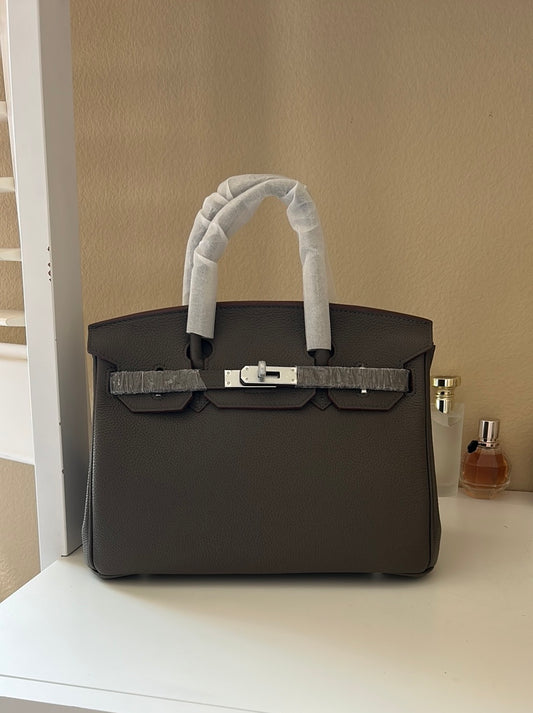Round Top Handle Leather Satchel 30cm Etain