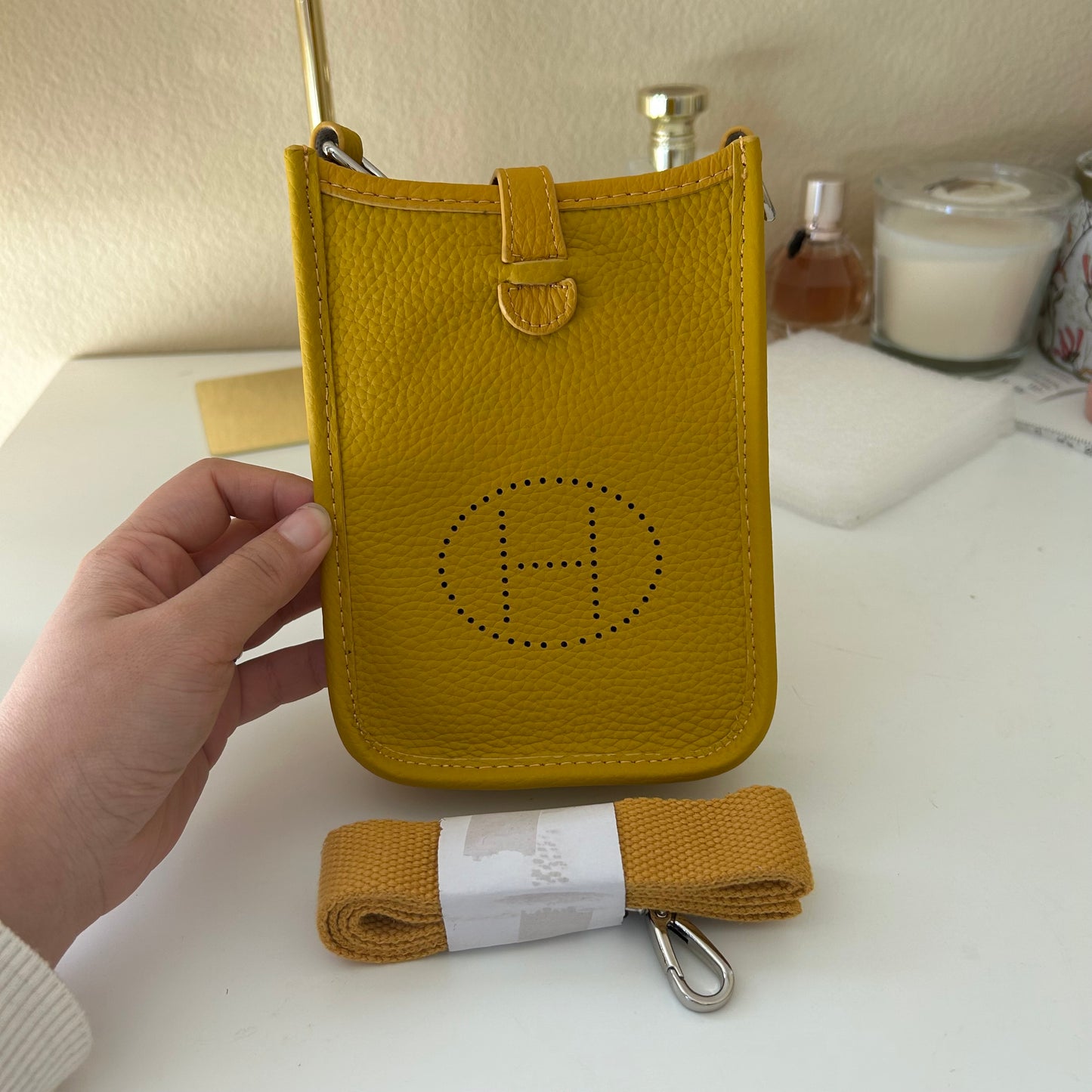 Perforated Leather Phone Pouch Yellow