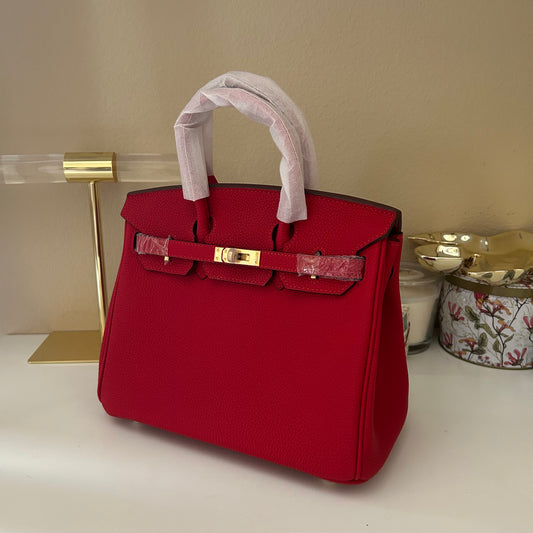Round Top Handle Leather Satchel 25cm Red