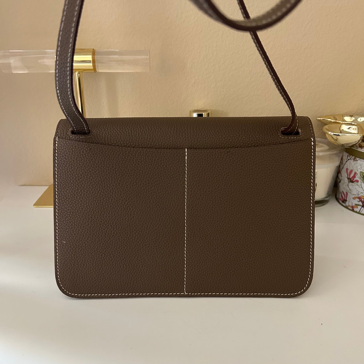 Front Buckle Leather Bag Etaupe & Orange