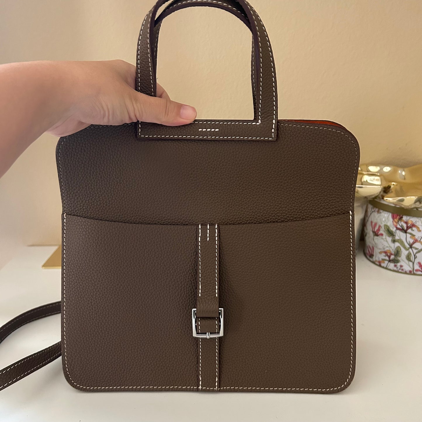 Front Buckle Leather Bag Etaupe & Orange