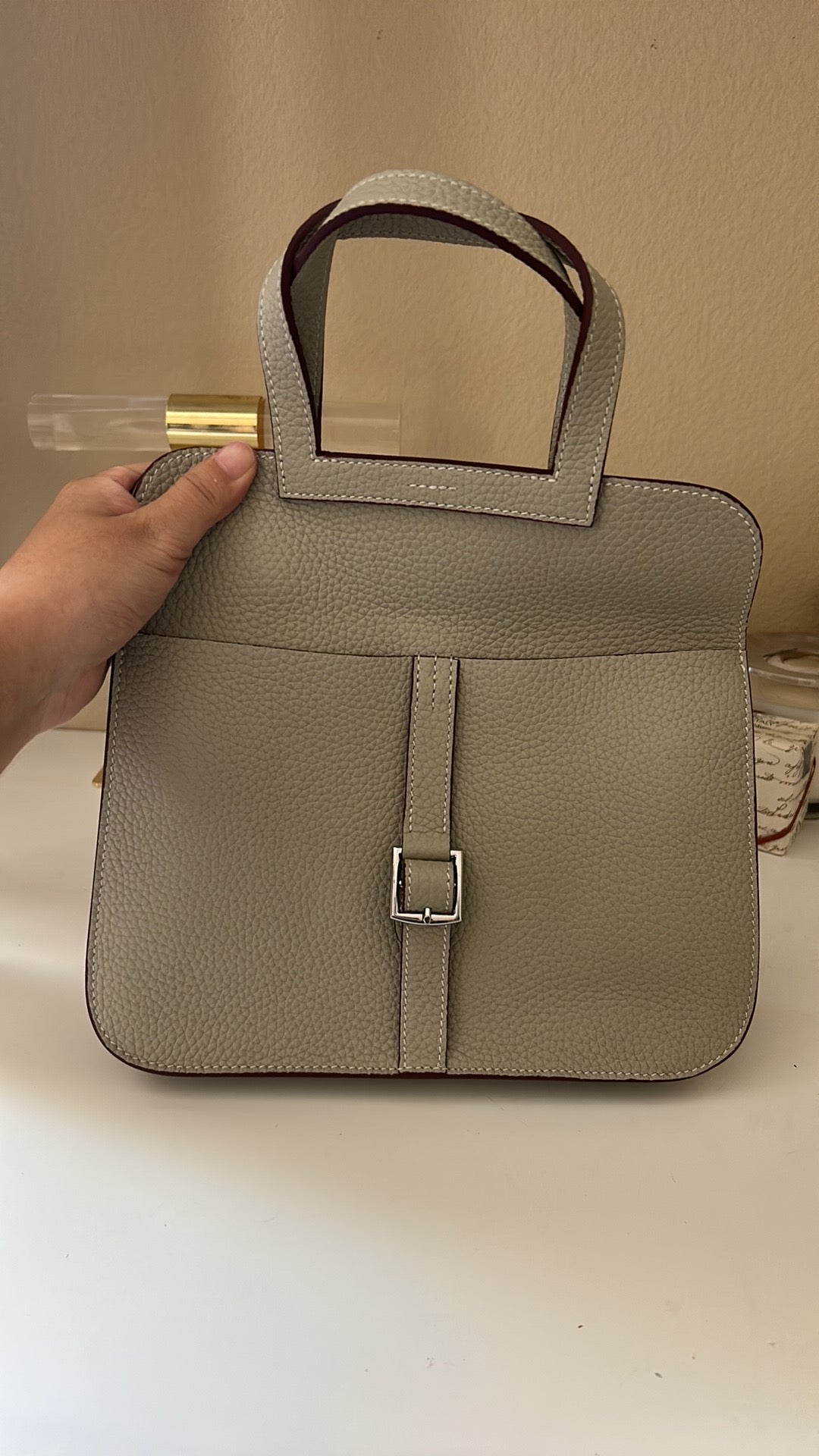 Front Buckle Leather Bag Gray
