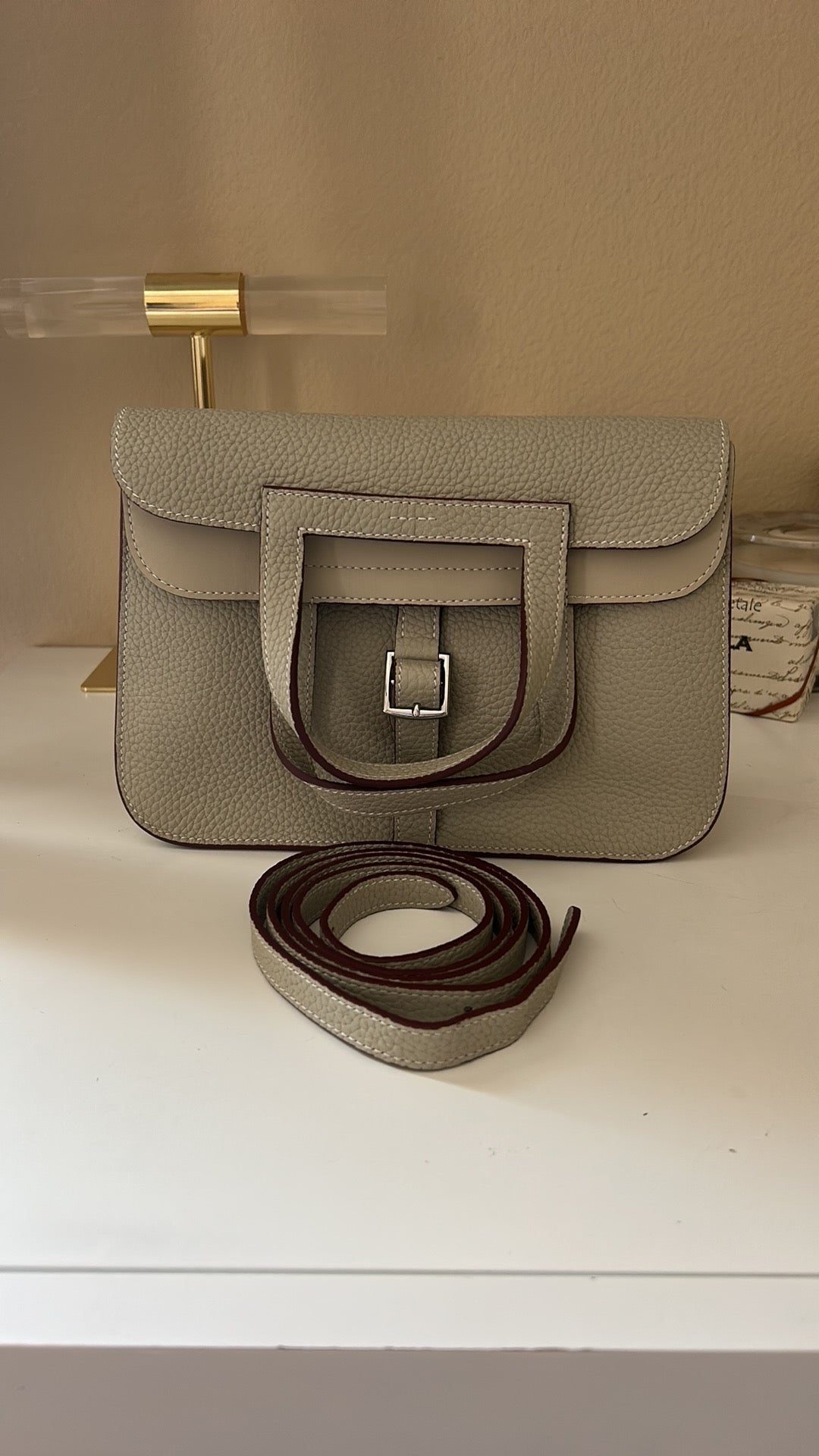 Front Buckle Leather Bag Gray