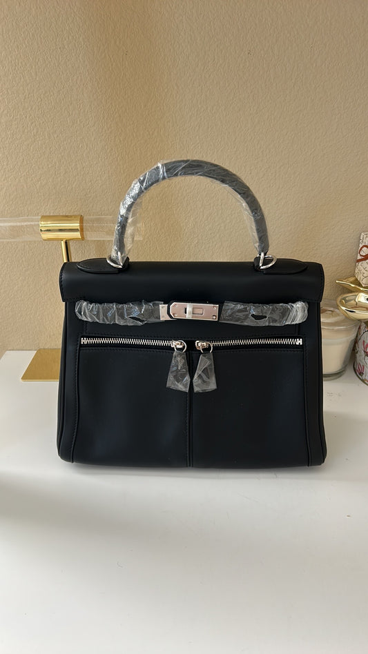 Top Handle Double Front Pocket Leather Satchel 28cm Black