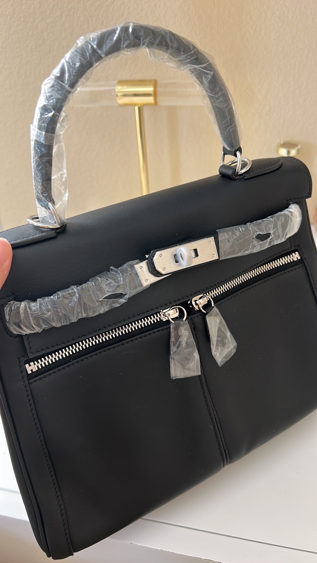 Top Handle Double Front Pocket Leather Satchel 28cm Black