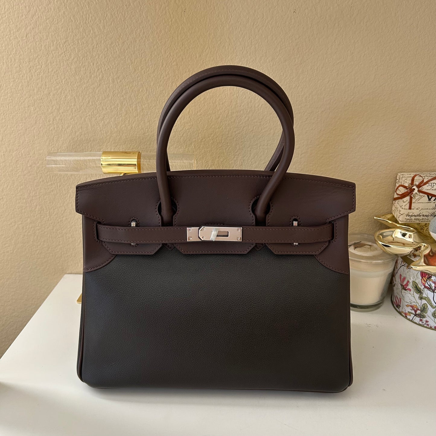 Round Top Handle Color Combo Leather Satchel 30cm Ebene