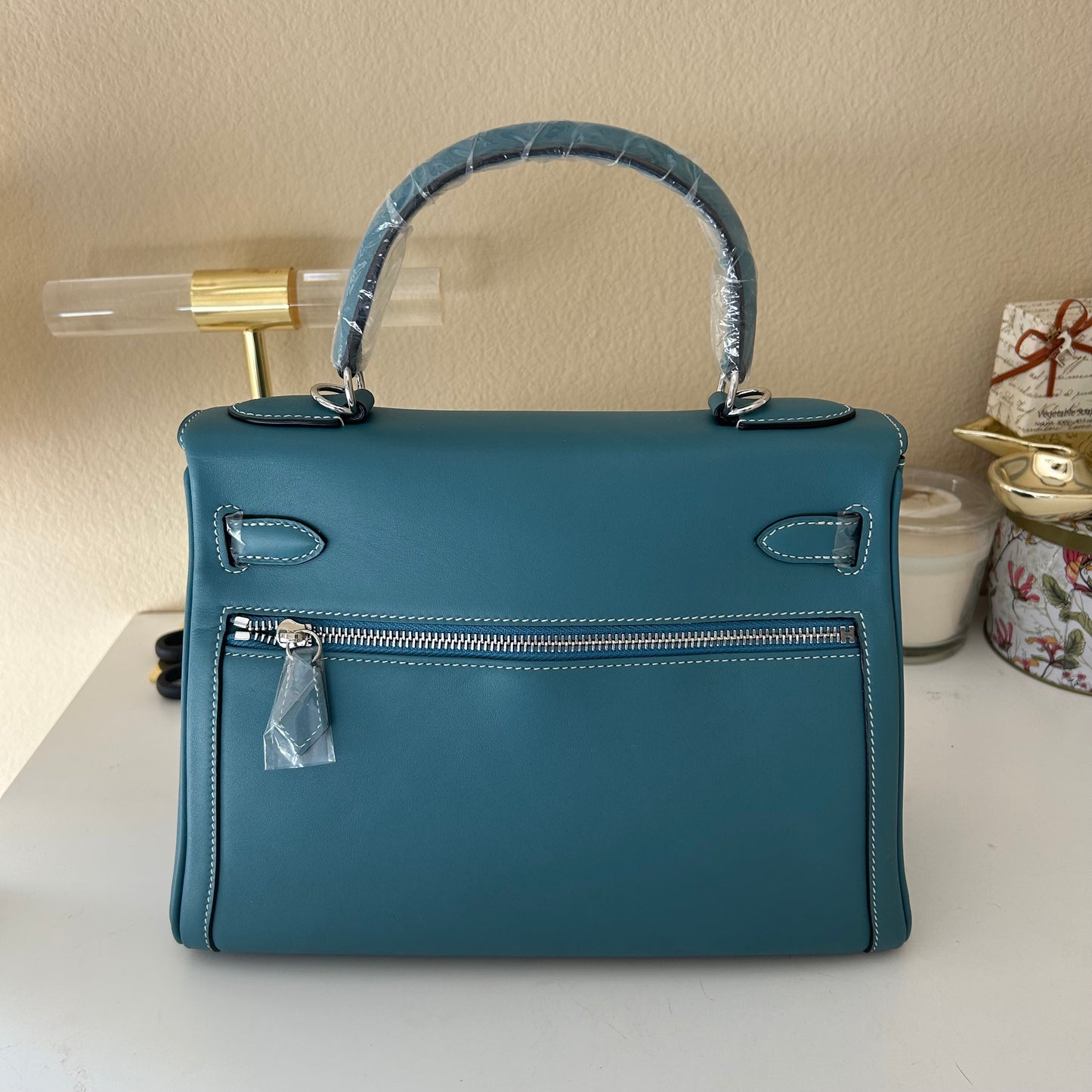 Top Handle Double Front Pocket Leather Satchel 28cm Etaupe