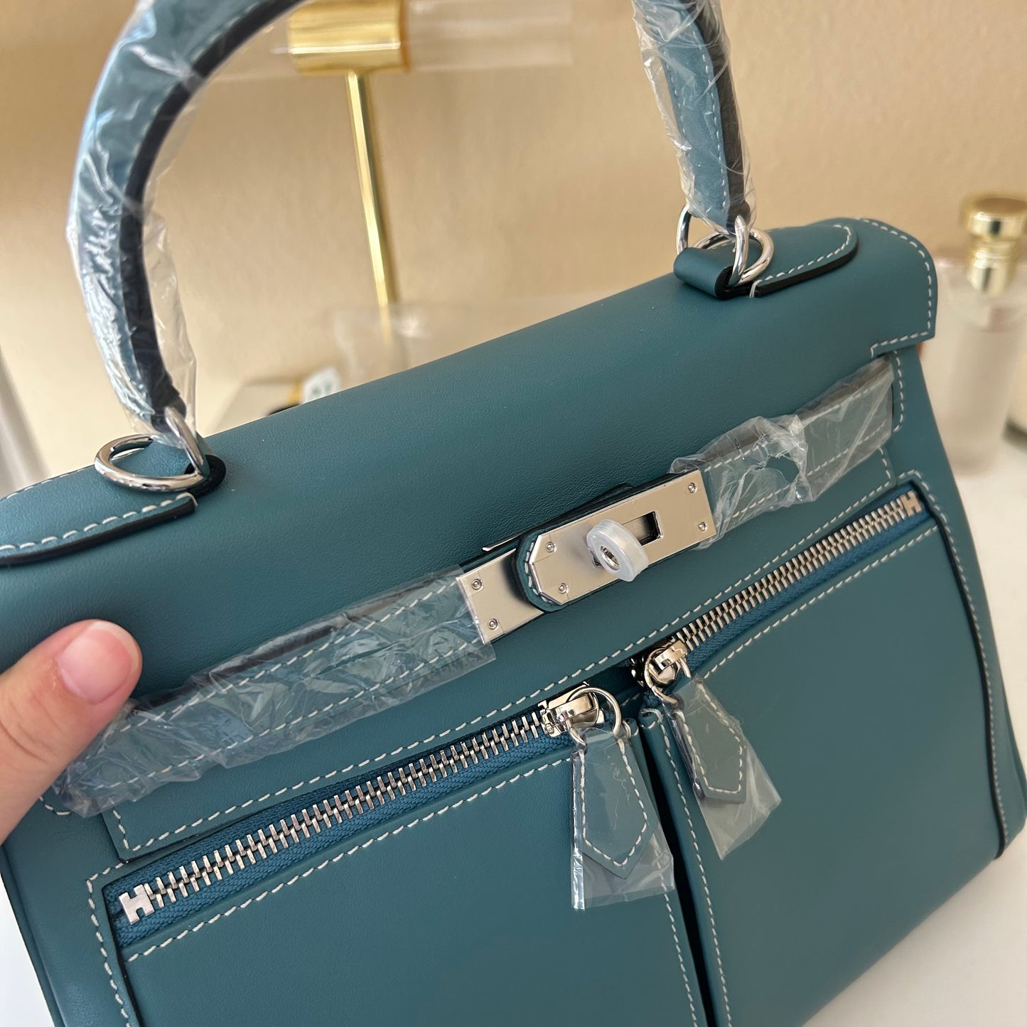 Top Handle Double Front Pocket Leather Satchel 28cm Etaupe