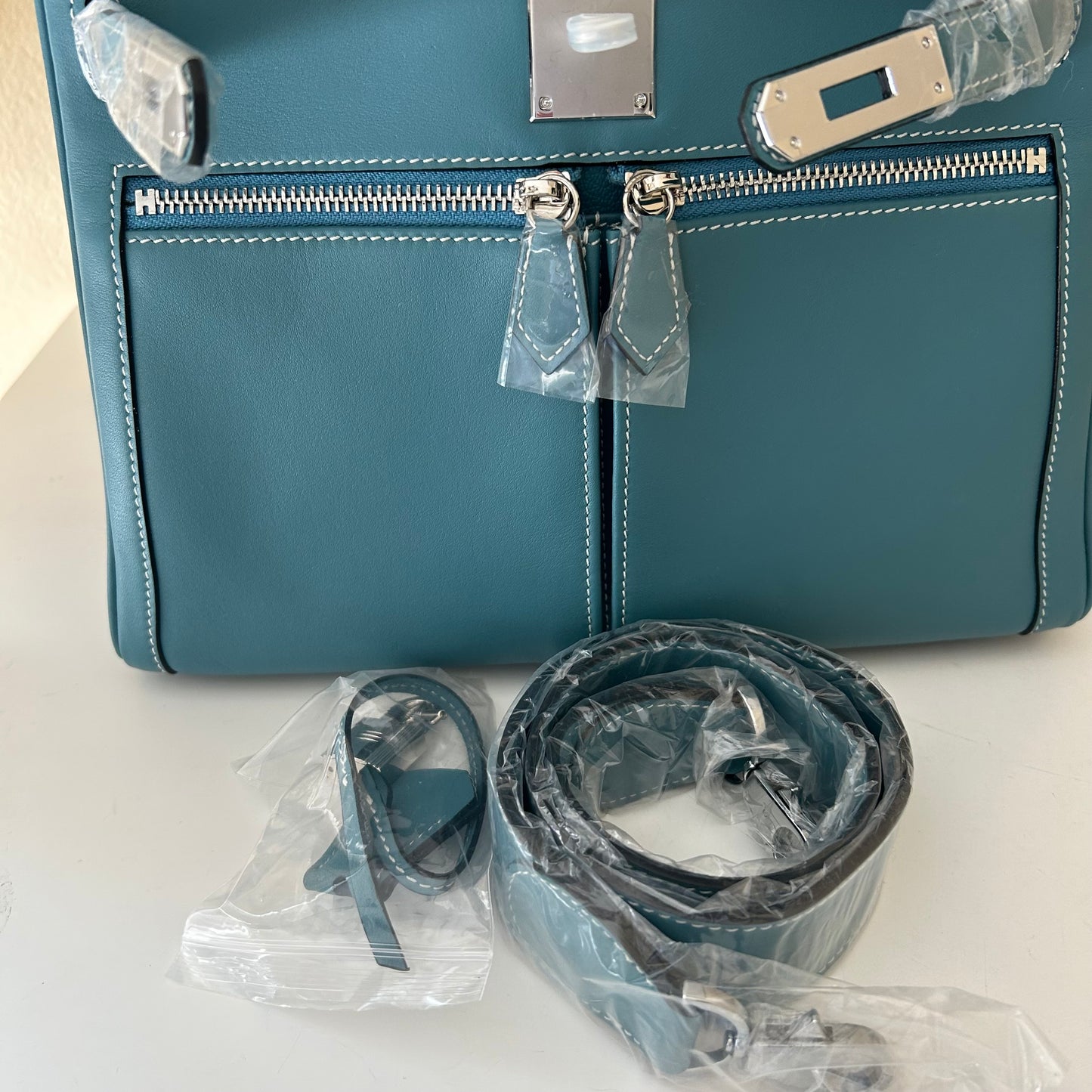 Top Handle Double Front Pocket Leather Satchel 28cm Etaupe