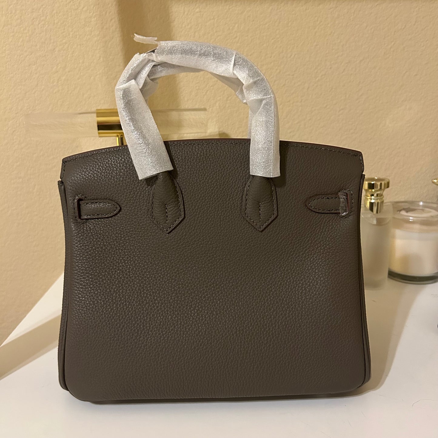 Round Top Handle Leather Satchel 25cm Etain