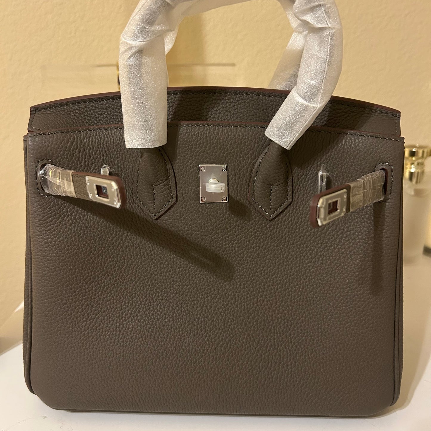 Round Top Handle Leather Satchel 25cm Etain