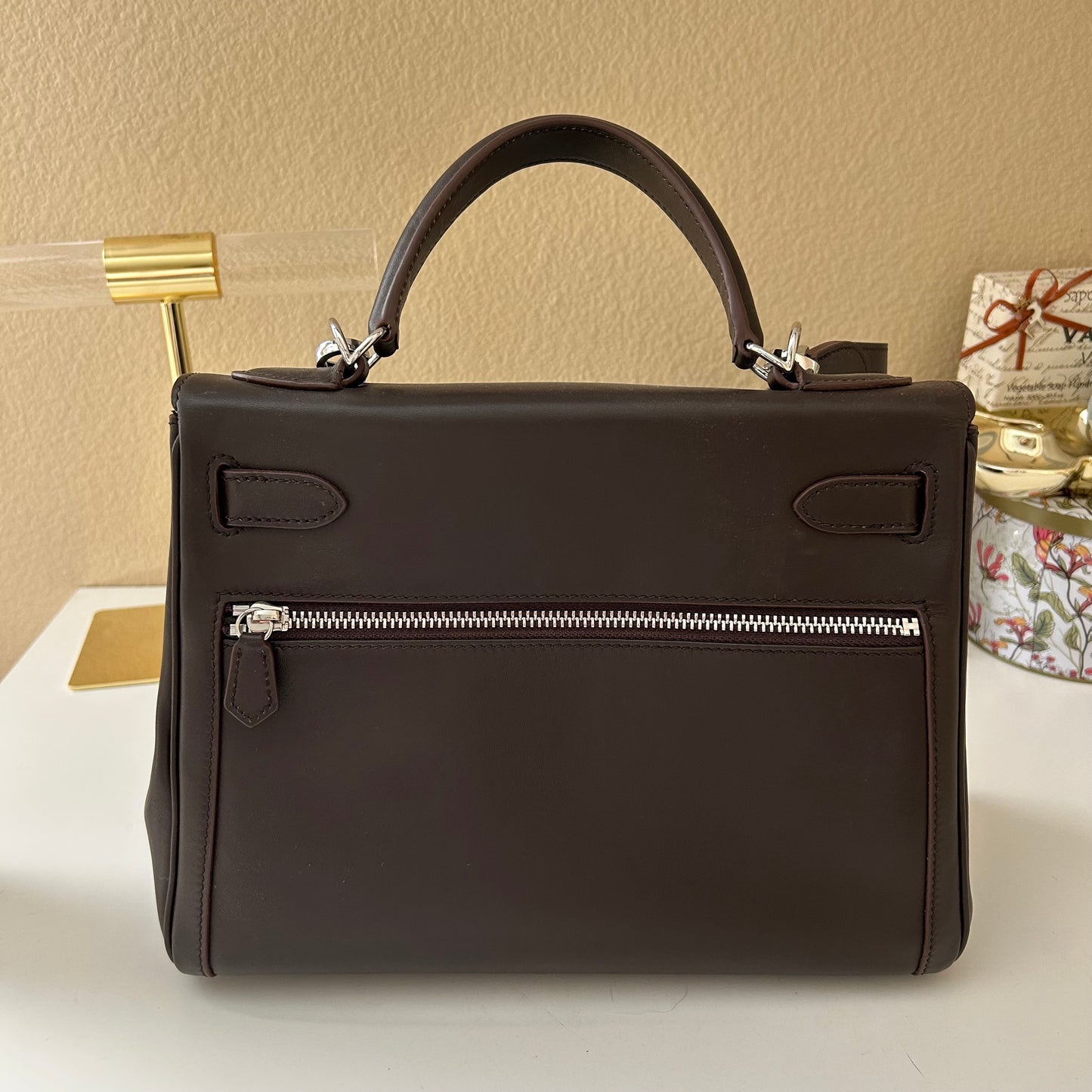 Top Handle Double Front Pocket Leather Satchel 28cm Ebene
