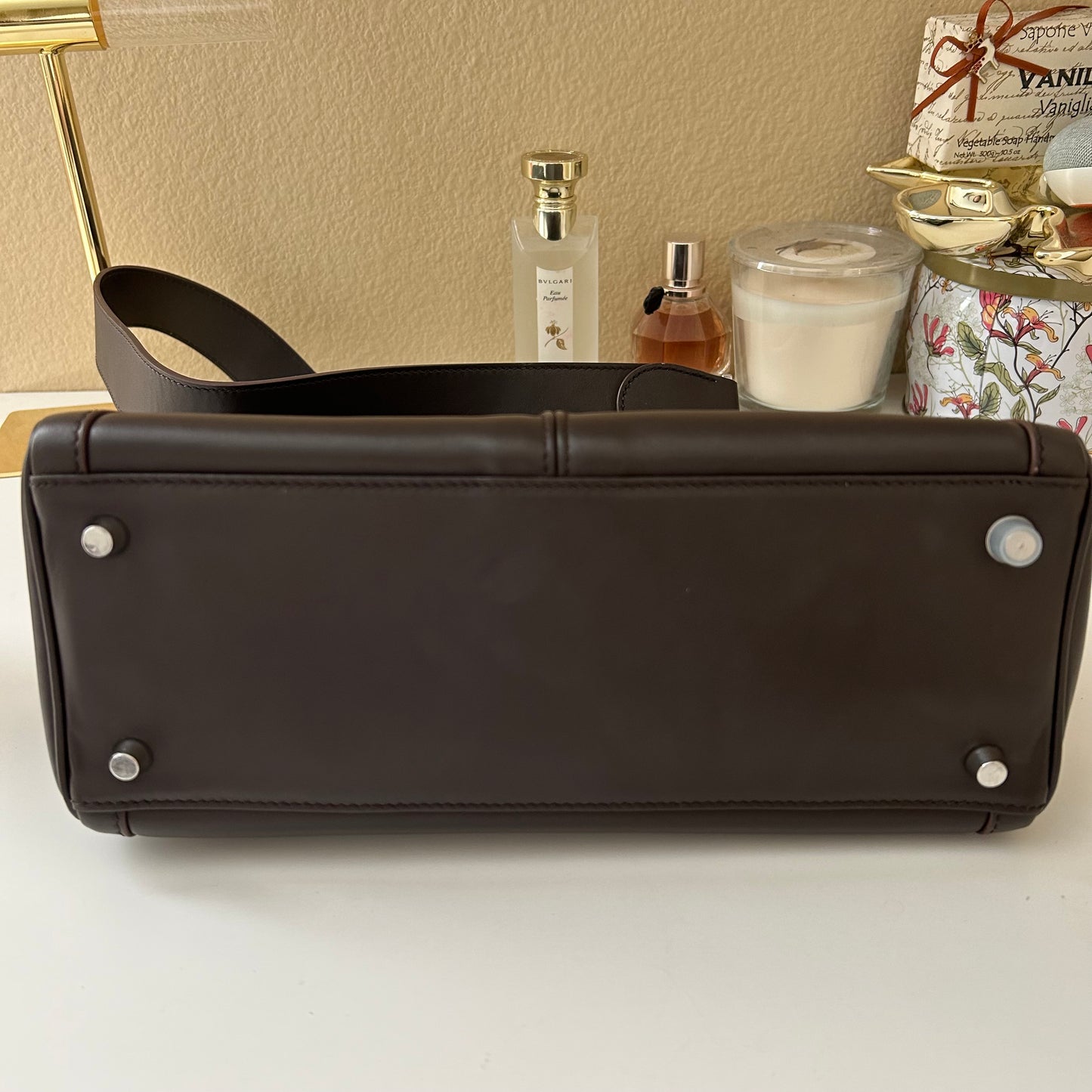 Top Handle Double Front Pocket Leather Satchel 28cm Ebene