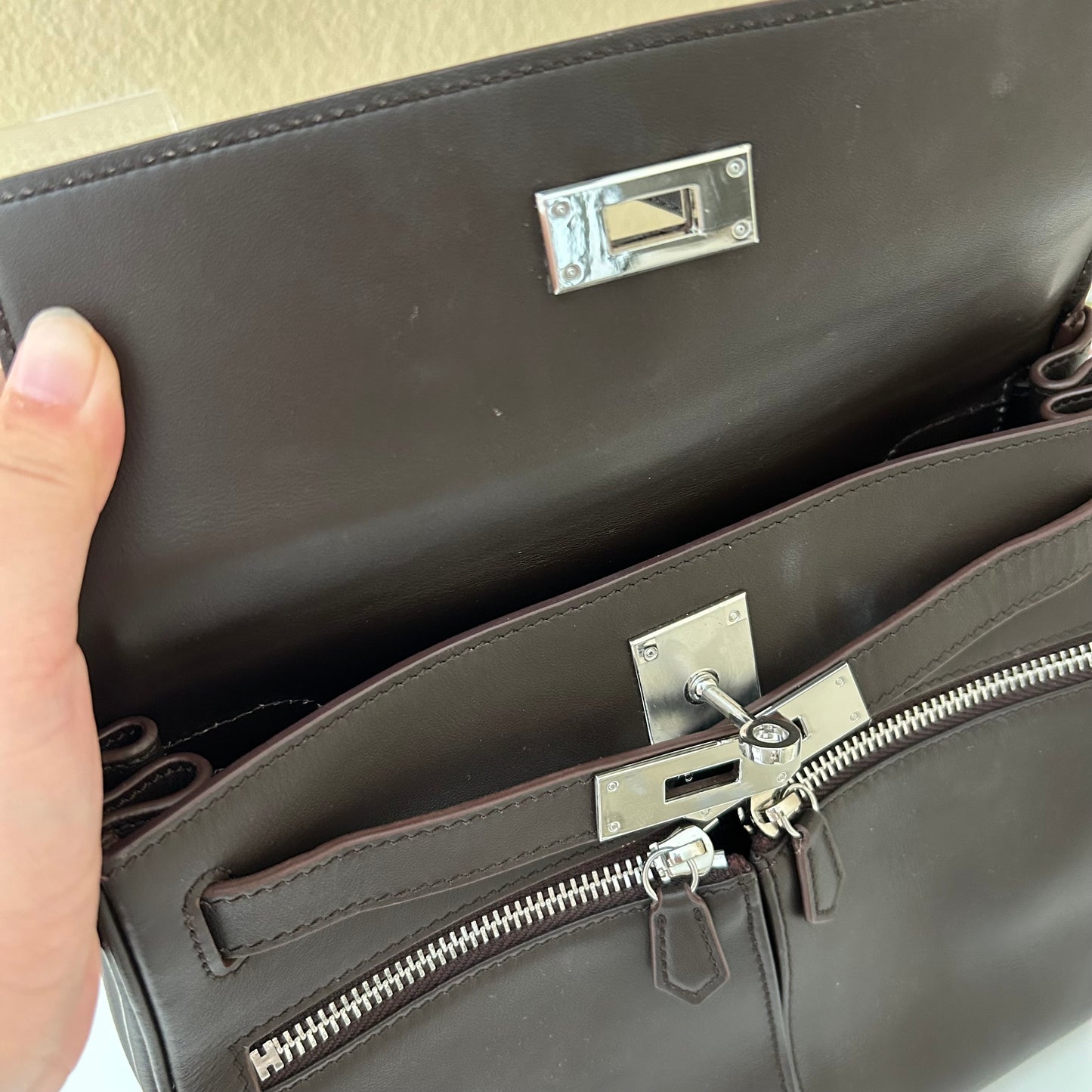 Top Handle Double Front Pocket Leather Satchel 28cm Ebene