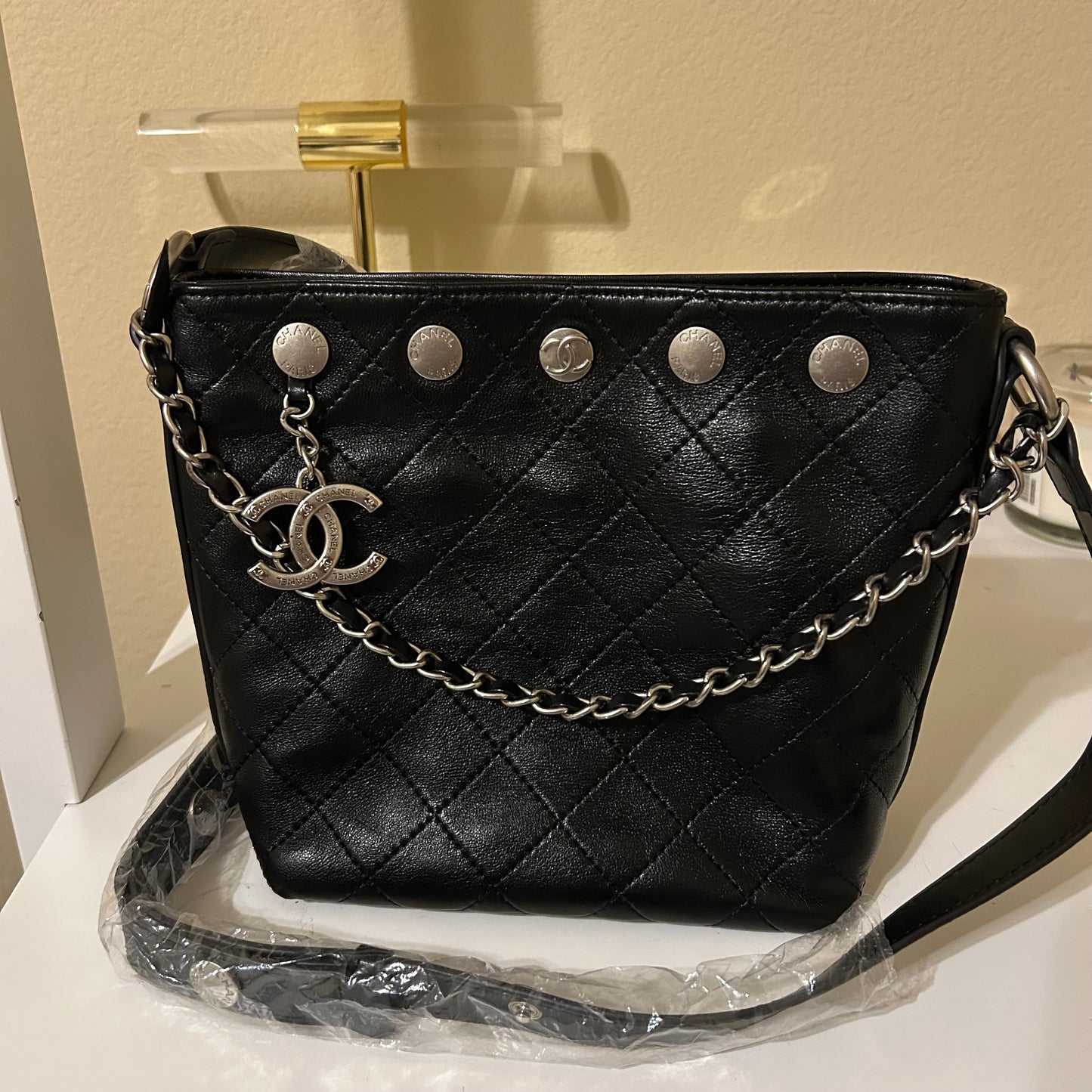 CC Black Lambskin Bucket Bag