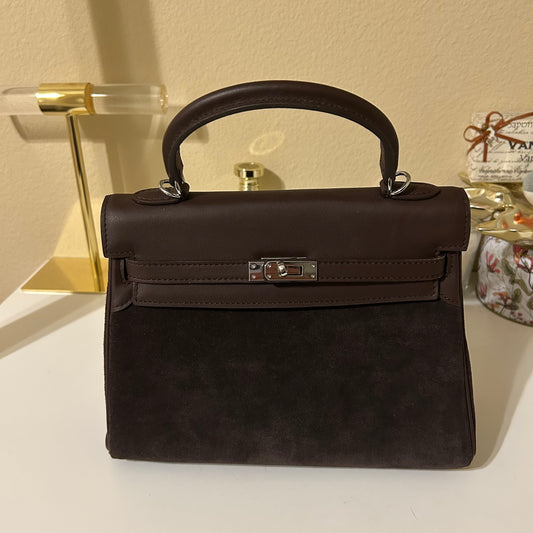 Top Handle Belted Suede Satchel 25cm Ebene