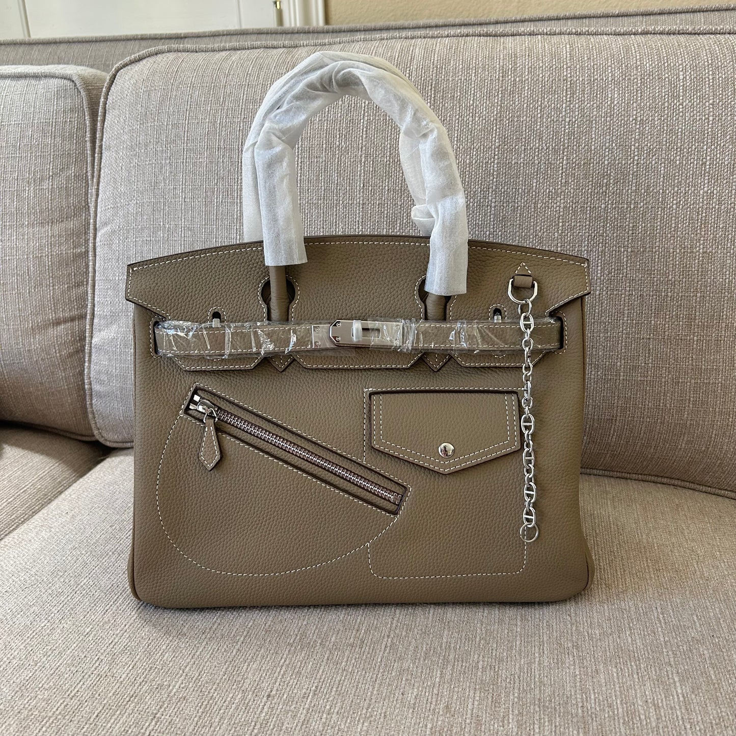 Top Handle Rock Style Leather Satchel 30cm Etaupe